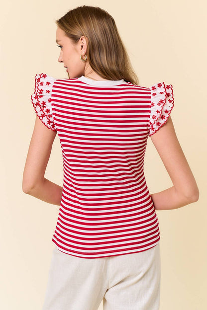 LACE RUFFLE CAP SLEEVE STRIPED RIB TOP - 44895T