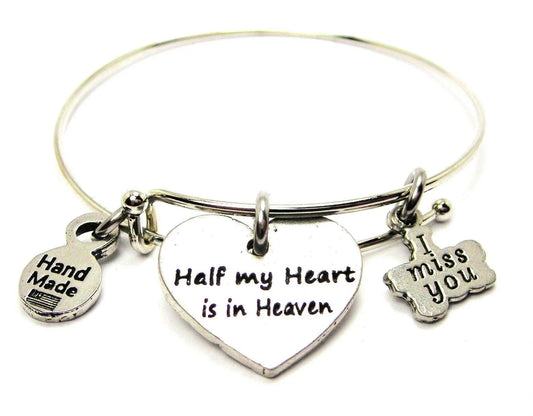 Half My Heart Is In Heaven Heart Bangle Bracelet Bereavement - Southern Sassy Boutique
