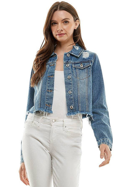 Ladies Distressed Denim Jacket - Southern Sassy Boutique
