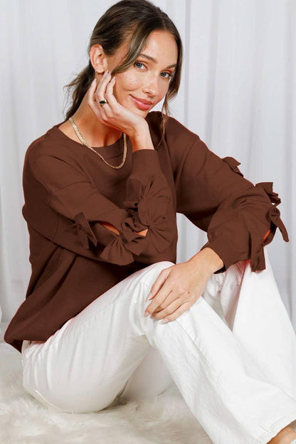 Bow Embellished Long-Sleeve Crew Neck Knit Sweater VT82605- - Southern Sassy Boutique