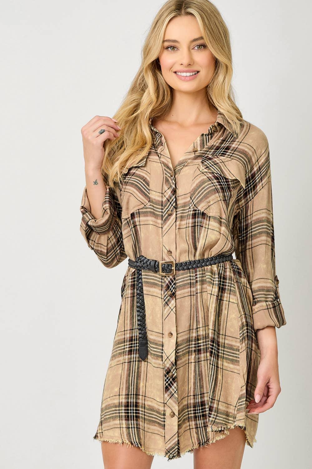 Washed Plaid Shirt Dress - Southern Sassy Boutique