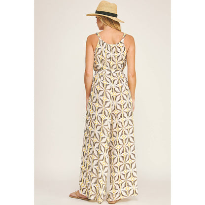Tie Waist Wide Leg Jumpsuit with Bead Detail