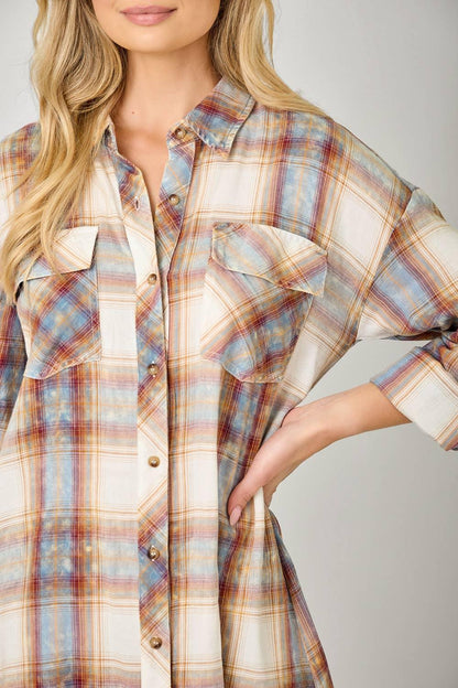 Washed Plaid Shirt Dress - Southern Sassy Boutique