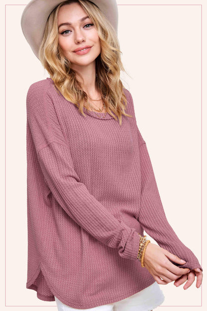 Brushed Waffle Fabric Loose Fit Long Sleeve Top - Southern Sassy Boutique