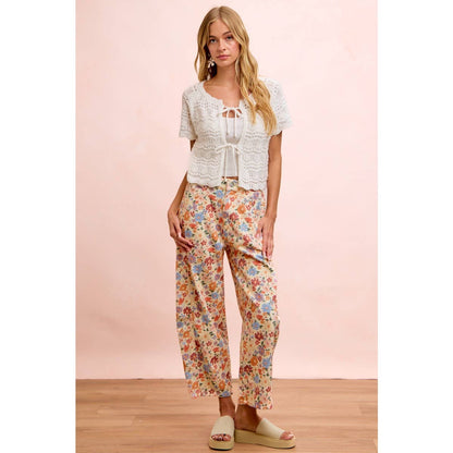 Washed Floral Printed Twill Barrel Pants