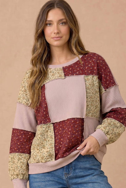 Mixed Print Color Block Patchwork Knit Top