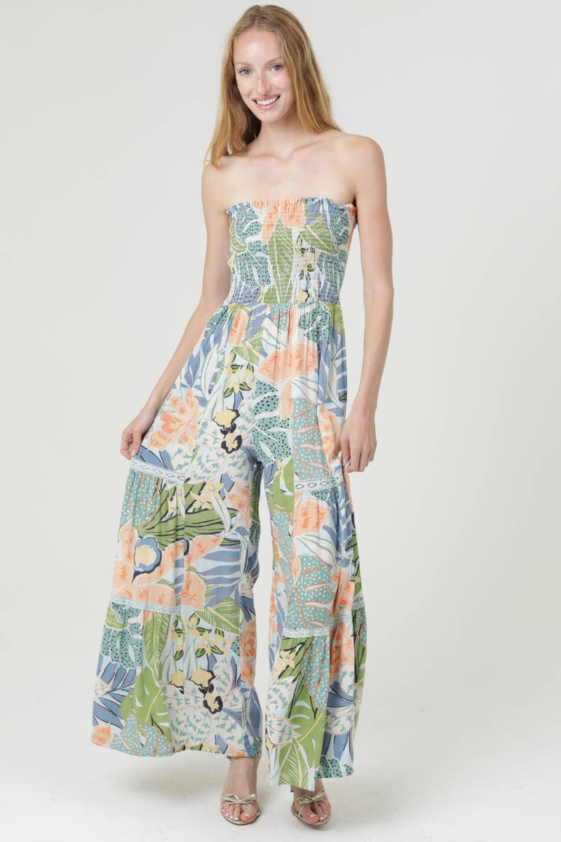 Smocked strapless wide-leg jumpsuit
