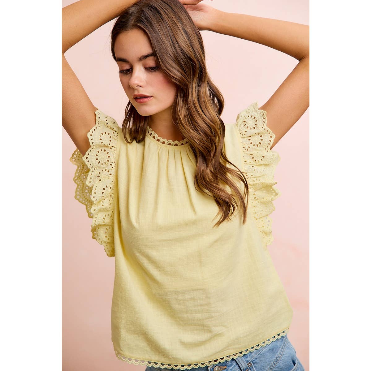COTTON SOLID RUFFLE SLEEVE LACE DETAIL BLOUSE TOP