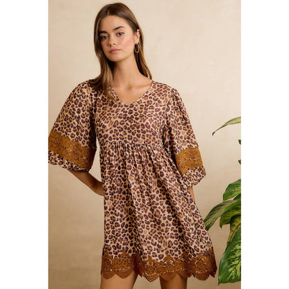 Leopard V-Neck Dress with Lace Trim