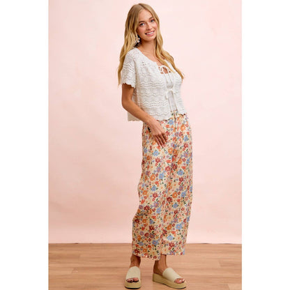 Washed Floral Printed Twill Barrel Pants