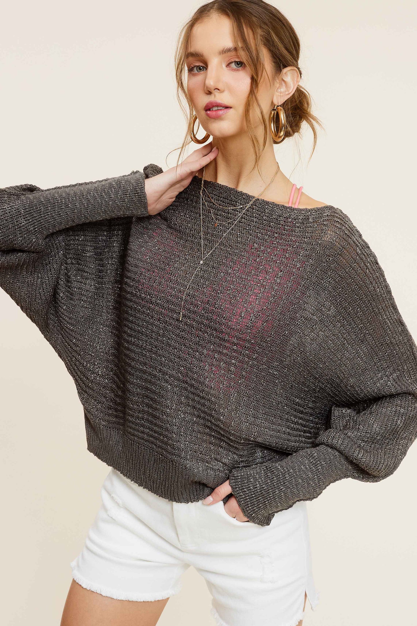 Lightweight Dolman Sleeve Boat Neck Sweater Top