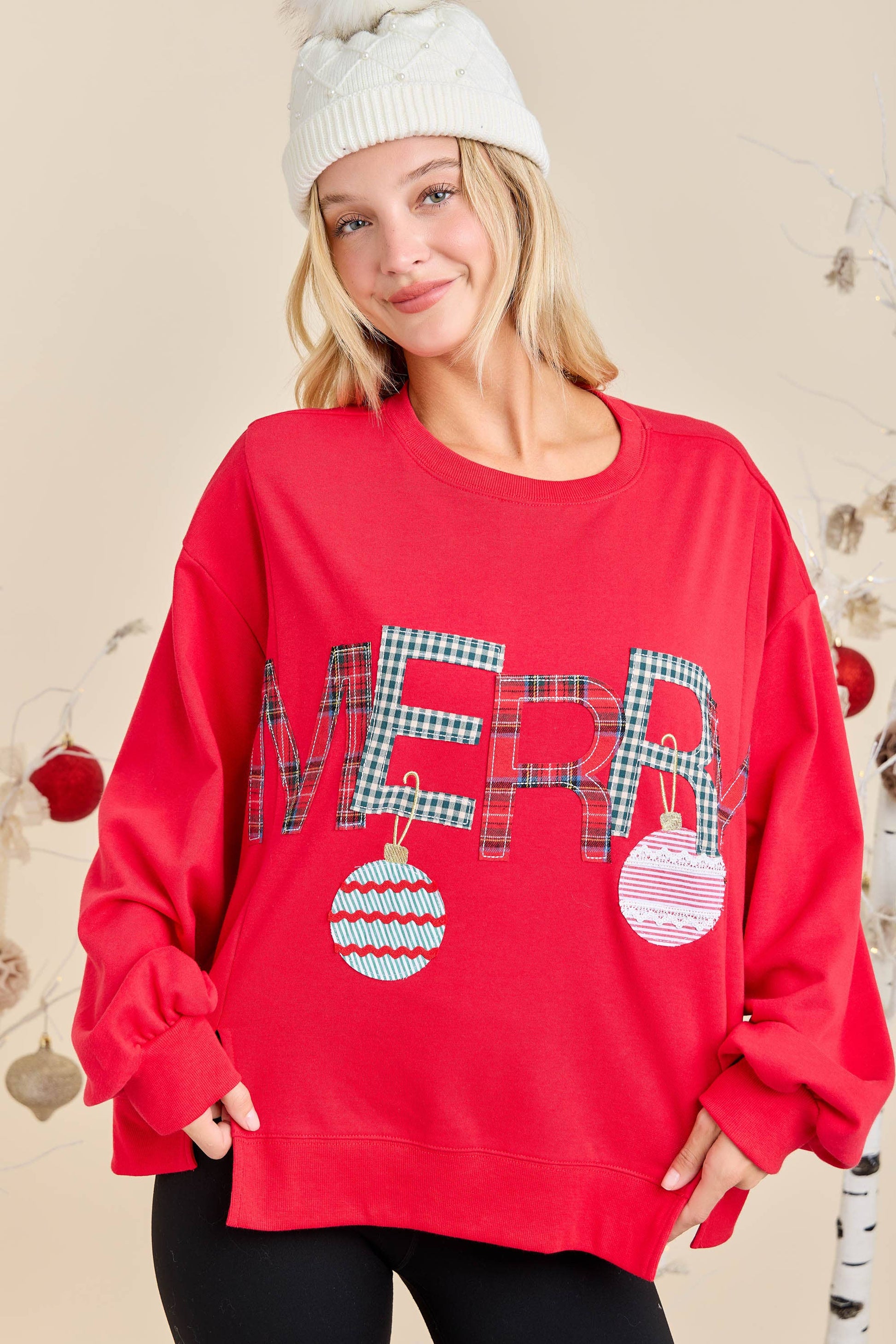 Merry With Ornament Patchwork Oversized Long Sleeve Top - Southern Sassy Boutique