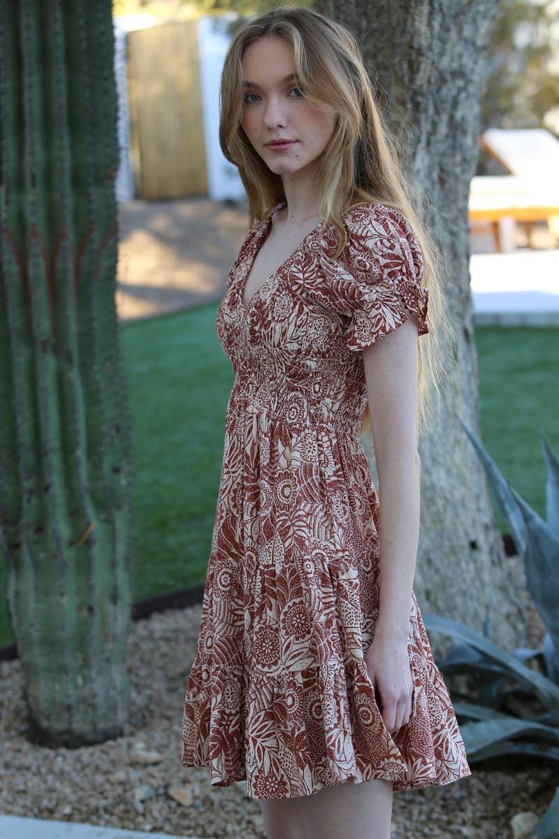 V NECK SMOCKED BODICE DRESS - Southern Sassy Boutique
