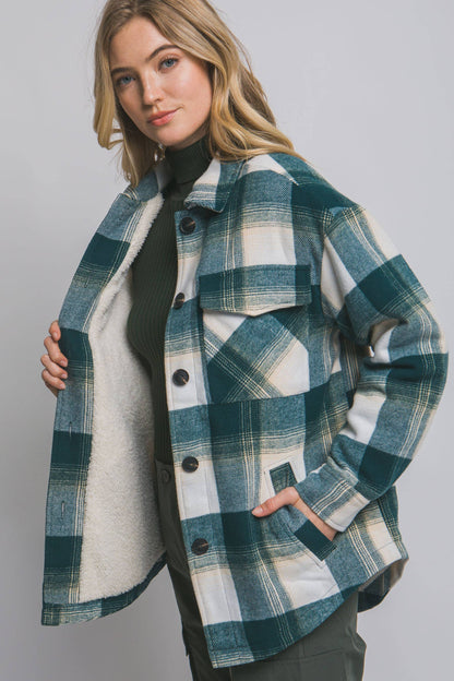 Plaid Button Up Jacket with Sherpa Lining