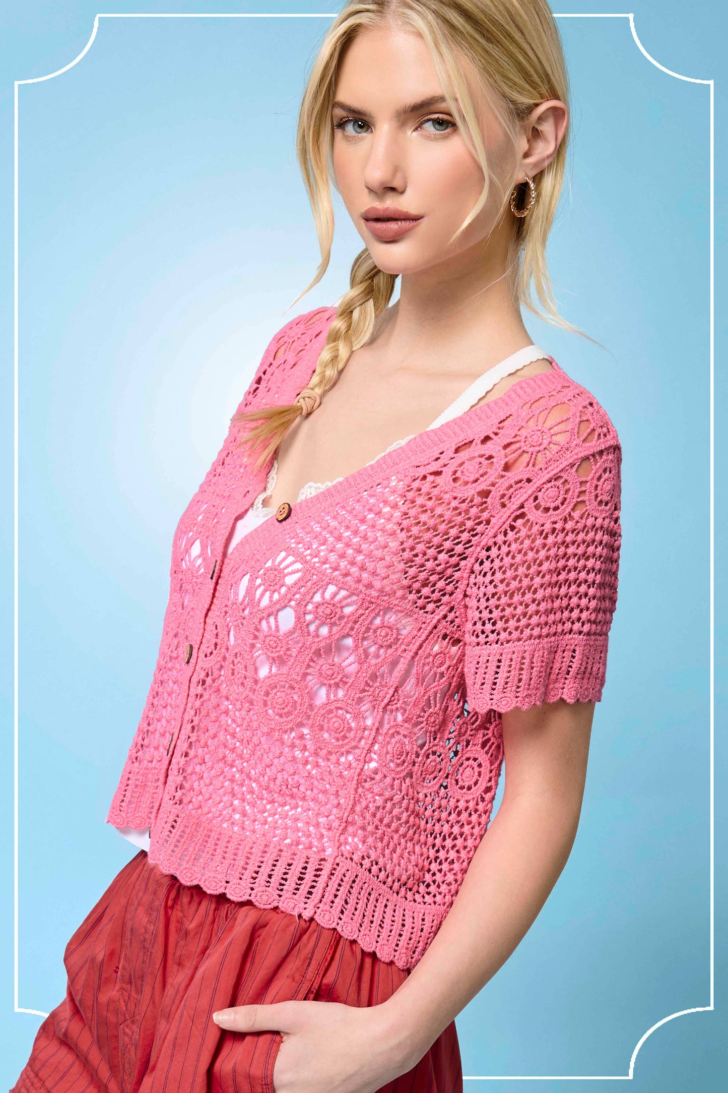 Open Knit Scallop Edge Button Down Cardigan