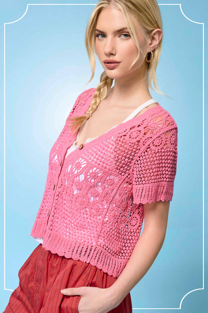 Open Knit Scallop Edge Button Down Cardigan
