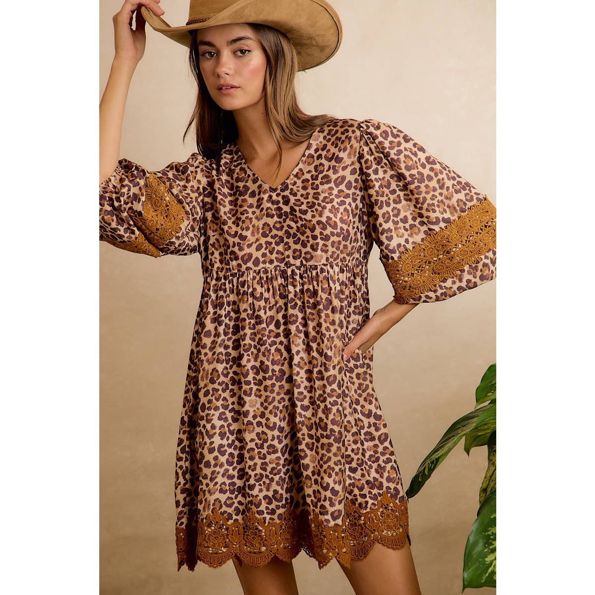 Leopard V-Neck Dress with Lace Trim