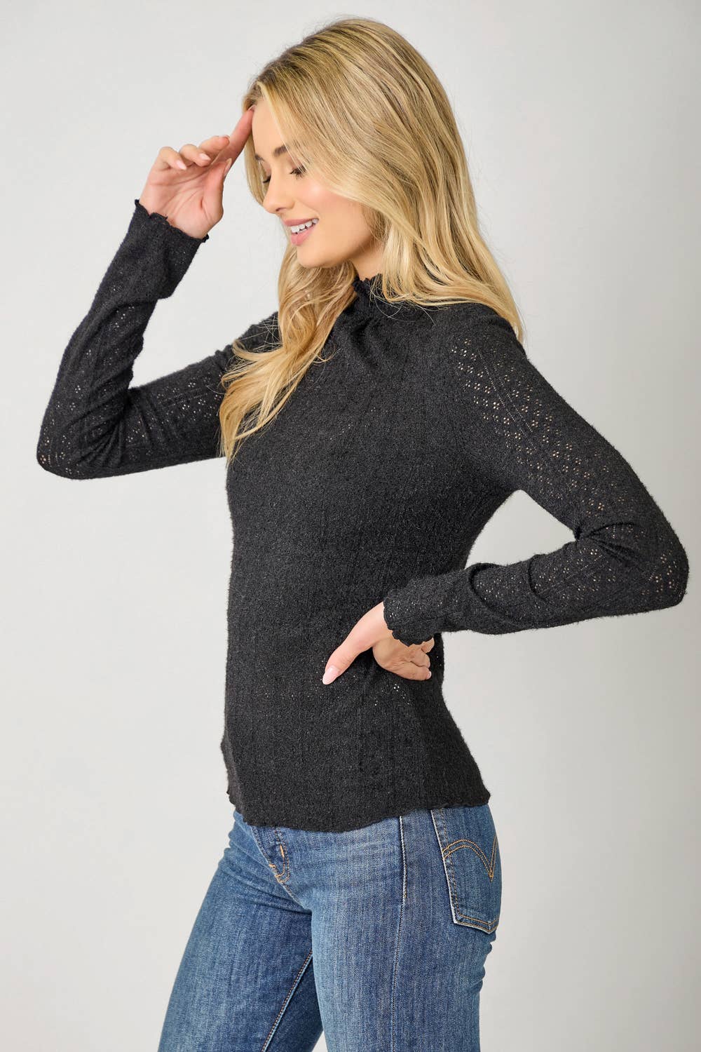 Lettuce Edge Detail Mock Neck Top