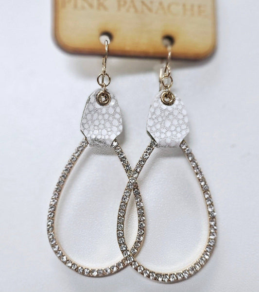 Silver base crystal teardrop, white leather earring