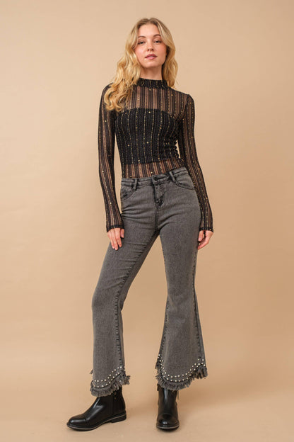 Destressed Bottom Edge w/ Rhinestone Jeans - Southern Sassy Boutique