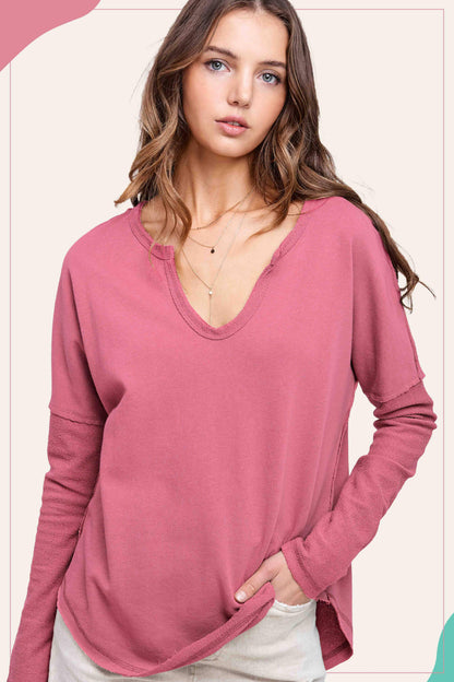 Textured Fabric Contrast Terry Long Sleeve Top - Southern Sassy Boutique