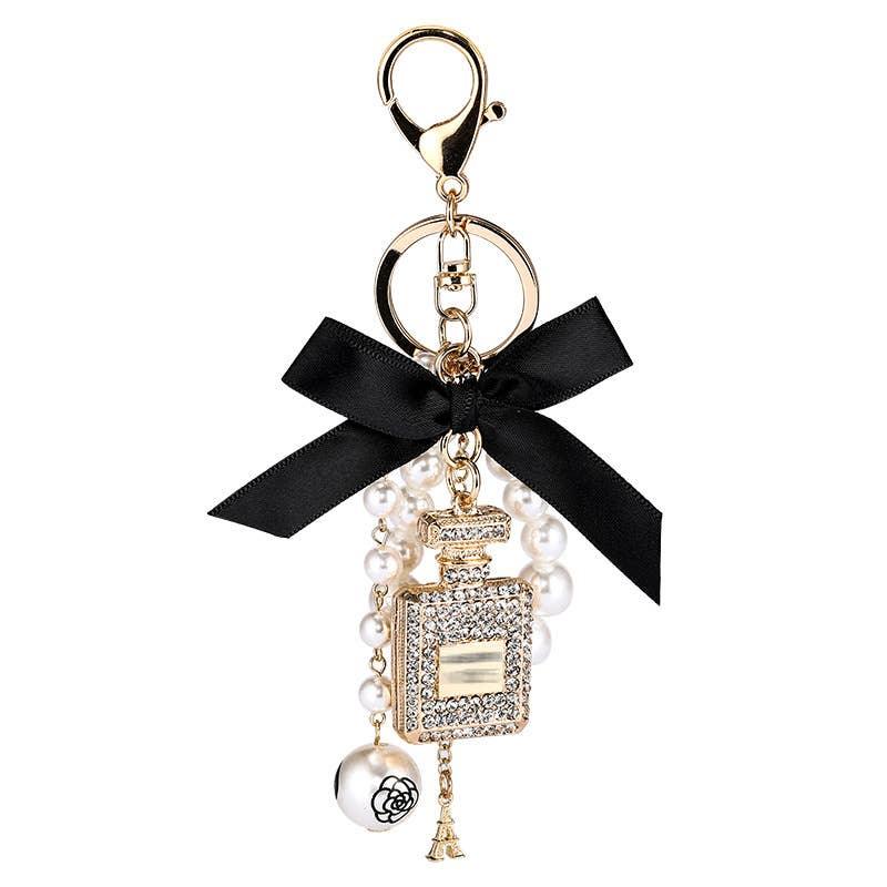 Perfume Bottle Bow Pearl Bag Charm Keychain - Southern Sassy Boutique