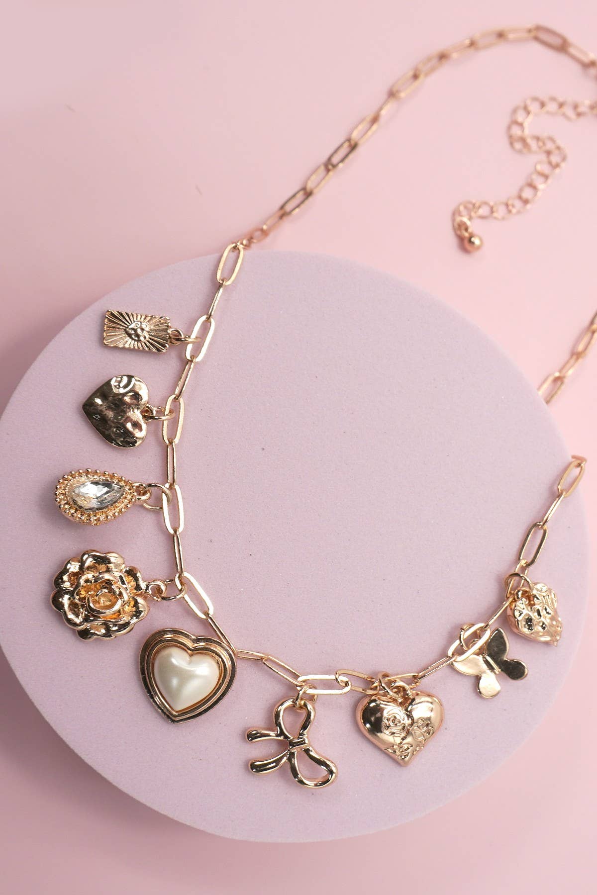Charm Necklace-Bow Heart Rhinestone Flower