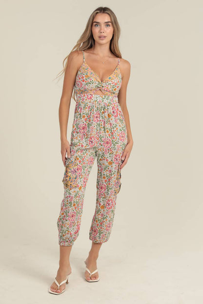 Floral Print Cargo Pocket Jumpsuit