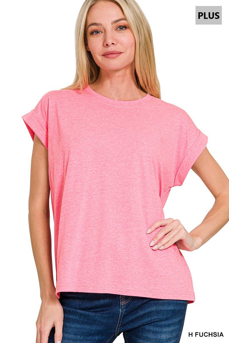 Plus Round Neck Folded Short Sleeve T Shirt