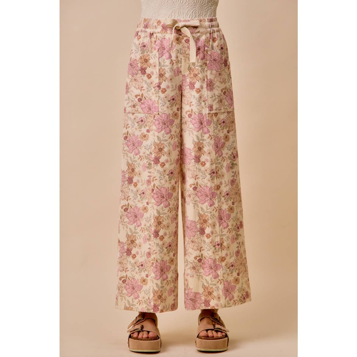 Floral Print Twill Wide Leg Pants