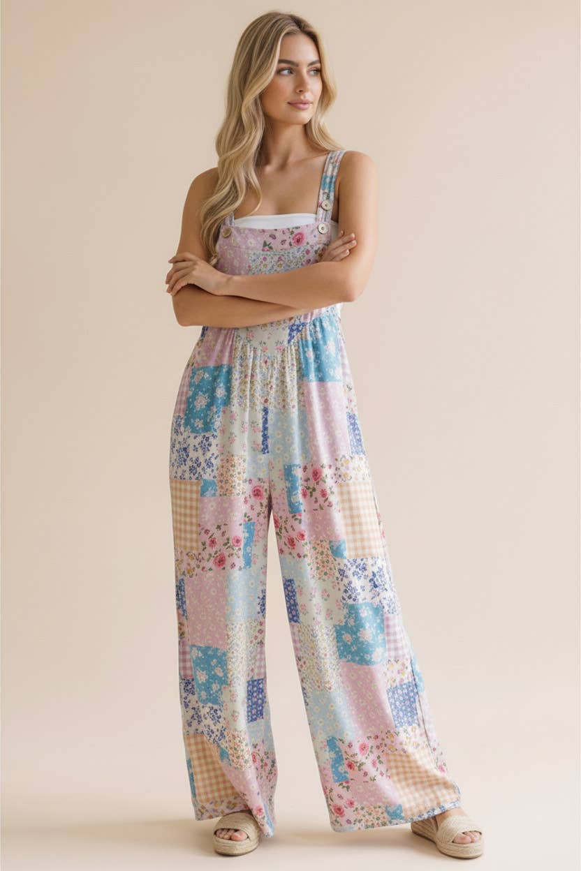 Floral Patchwork Wide Leg Bib Overalls