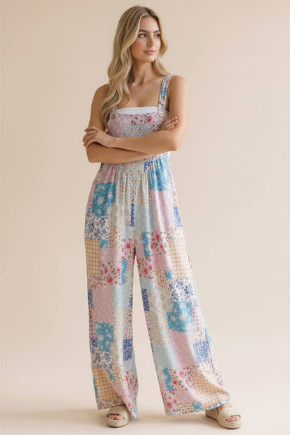 Floral Patchwork Wide Leg Bib Overalls
