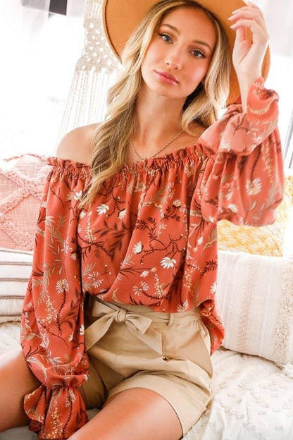 Floral Eyelet Lace Tie Front V-Neck Long Puff Blouse Top Off Shoulder Woven Blouse Top - Southern Sassy Boutique
