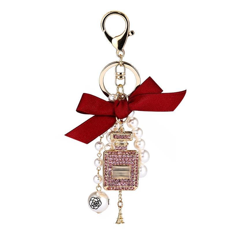 Perfume Bottle Bow Pearl Bag Charm Keychain - Southern Sassy Boutique