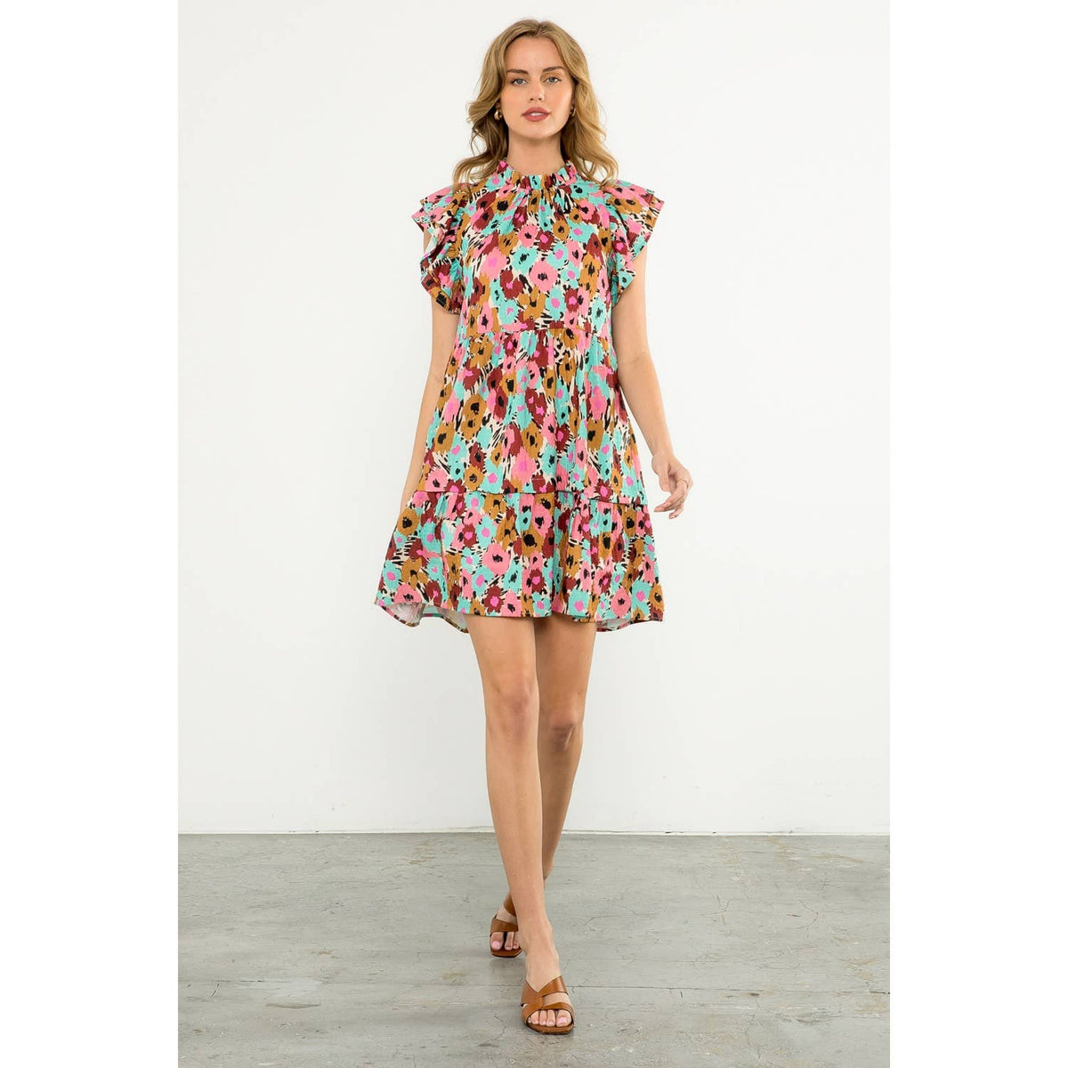 Flutter Sleeve Tiered Print Dress