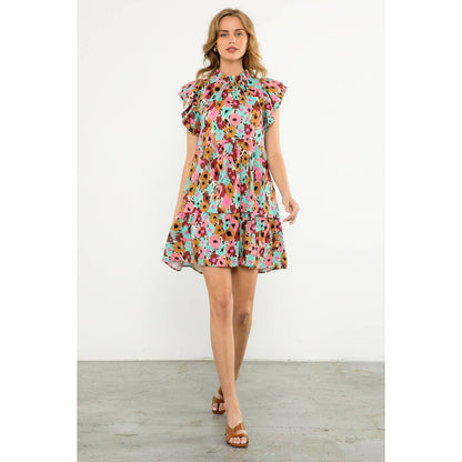 Flutter Sleeve Tiered Print Dress