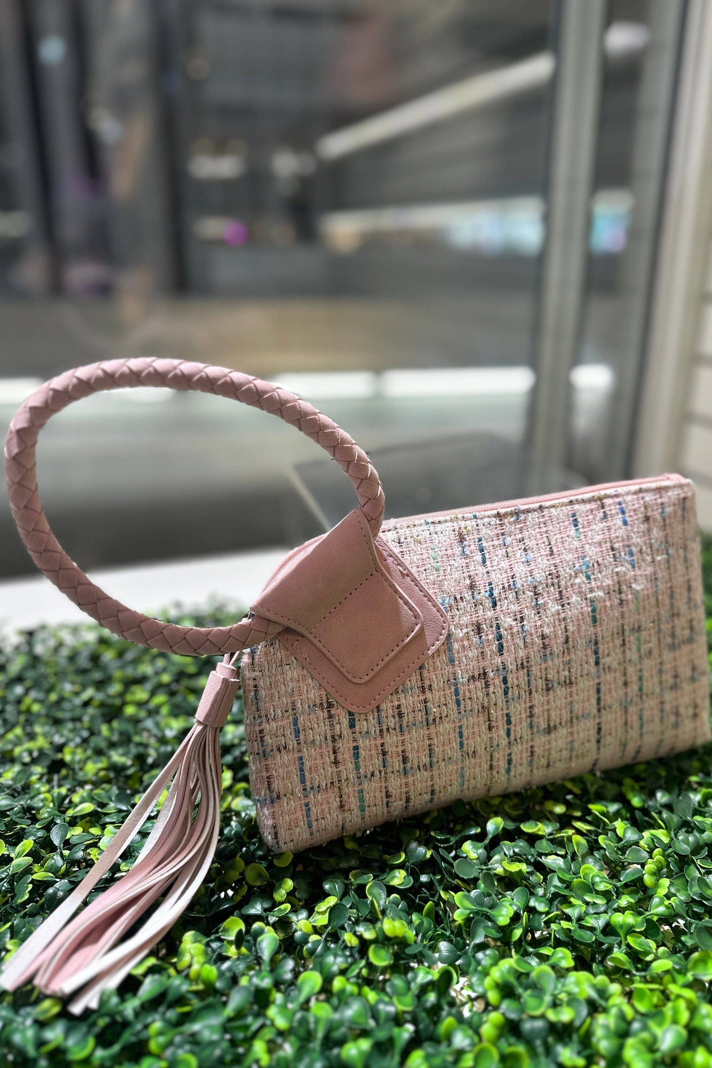 Tweed Cuff Handle Tassel Wristlet/Clutch