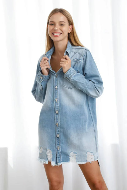 Ripped Raw Trim Denim Shirt Dress - Southern Sassy Boutique