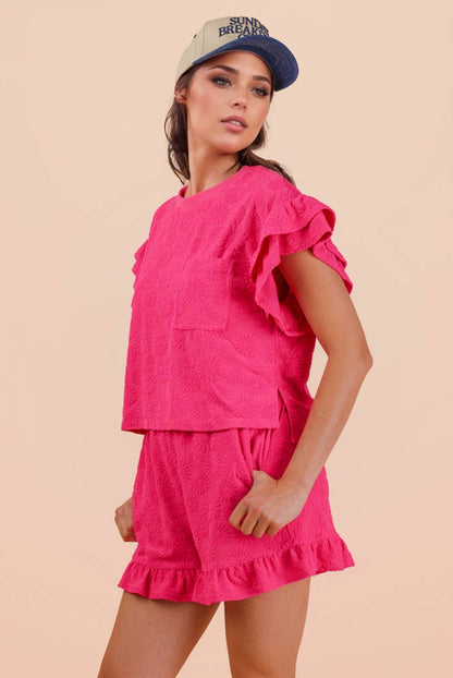 Floral Textured Ruffled Knit Top & Shorts Set