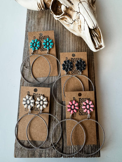 Western Flower Stone Hoop Earrings - Southern Sassy Boutique