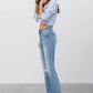 Mid Rise Long Bottom Frayed Crop Flare Jeans