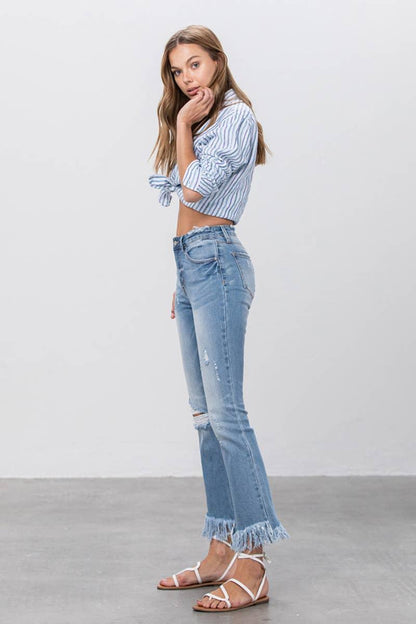 Mid Rise Long Bottom Frayed Crop Flare Jeans - Southern Sassy Boutique