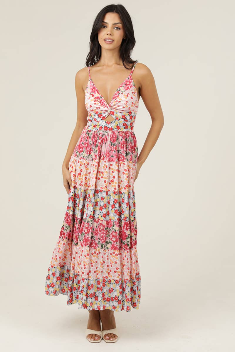 V Neck Twist Front Floral Tiered Maxi Dress