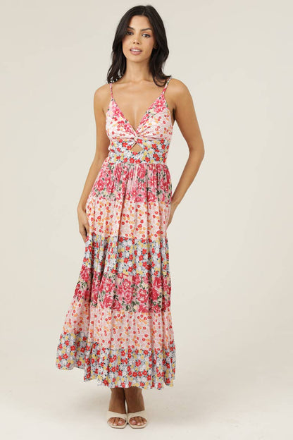 V Neck Twist Front Floral Tiered Maxi Dress