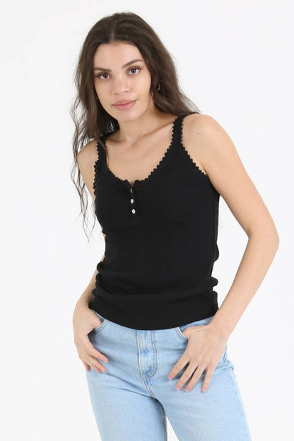 Lace Trim Rib Knit Cami Tank Top