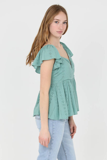 Eyelet Embroidered Notch Front Top