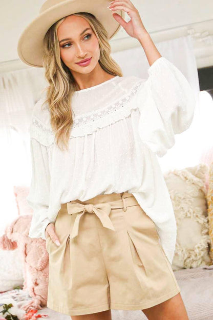 Lace-Up Back Detail Swiss Dot Patterned Blouse - Southern Sassy Boutique