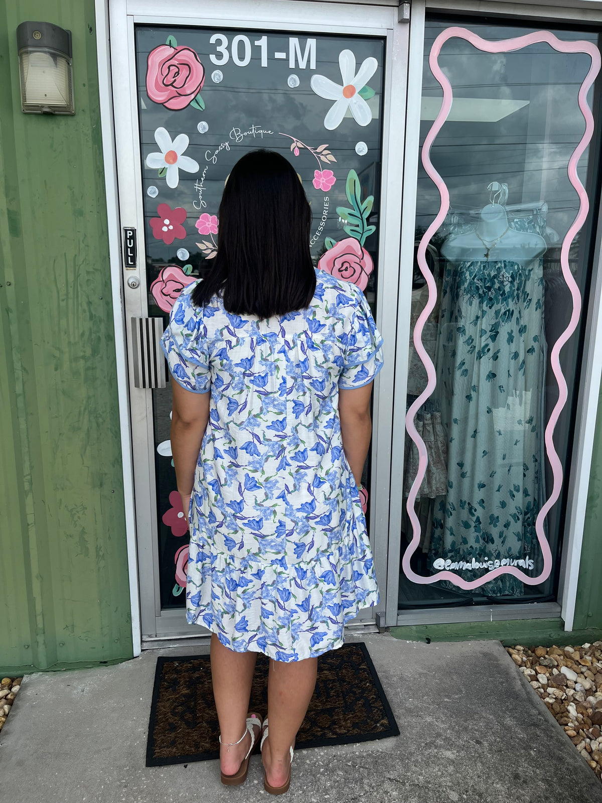 Blue Floral V-Neck Flutter Sleeve Tiered Dress