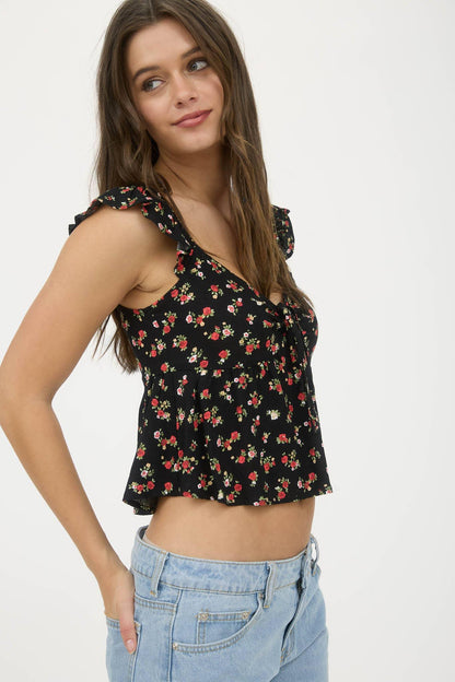 FLORAL CLIP DOT FRONT TIE WITH CUT-OUT CROP TOP - Southern Sassy Boutique