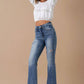 High Rise Front Slit Flare Distressed Denim
